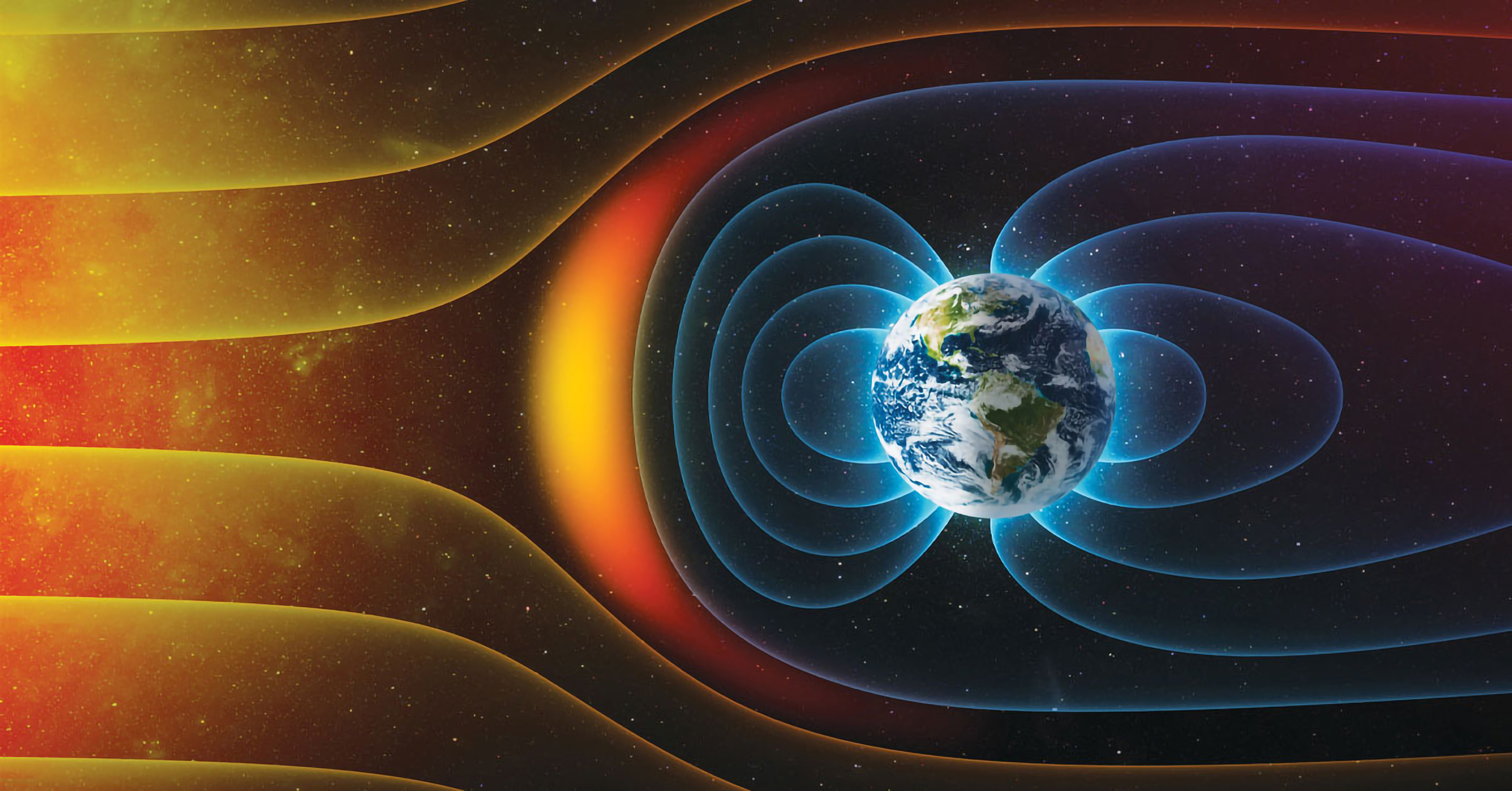 A graphic visualization of the solar wind, shown in yellows and oranges, running up against the Earth's magnetosphere. Earth's magnetic field lines are shown, with the bow shock emphasized.