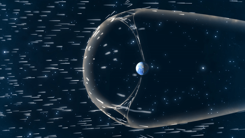 A simple animation showing the outline of the magnetosphere with funnel-shaped cusps. Particles are streaming toward the planet from the sun, and the animation shows some of the particles funneling through the cusps to Earth