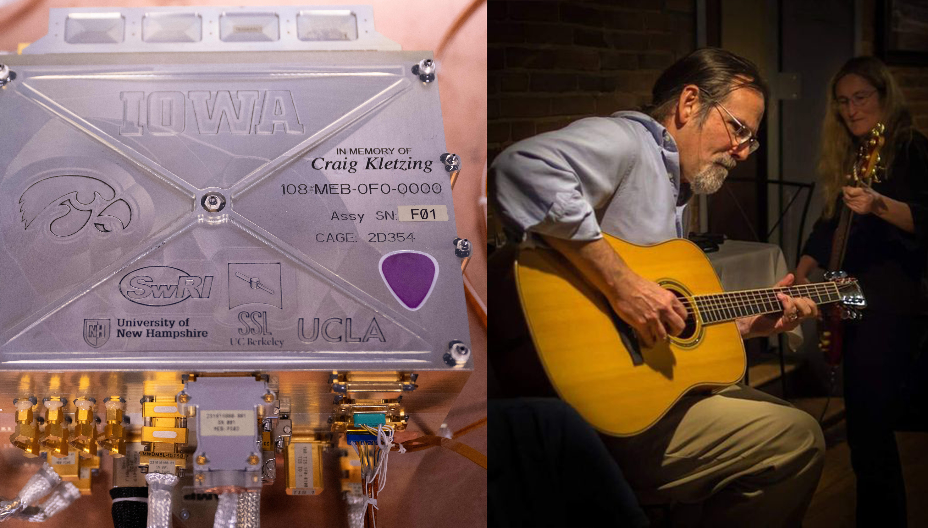 An image consisting of two photos. On the left, a photo of the TRACERS MEB instrument that includes on its top surface an inscription, "In Memory of Craig Kletzing", and has a purple guitar pick embedded into the MEB. On the right is a photo of Craig playing guitar.