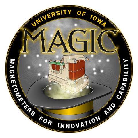 Circular logo for the MAGIC instrument. MAGIC is written in large text with a stylized font above a rendering of the MAGIC instrument coming out of a top hat with stars and smoke. Around the outside of the logo says University of Iowa and Magnetomeres for Innovation and Capability.
