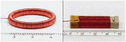 Two photos of the two types of cores being used in the MAGIC instruments on TRACERS, side-by-side. On the left is a completed 'ringcore'. One the right is a completed 'racetrack' core.