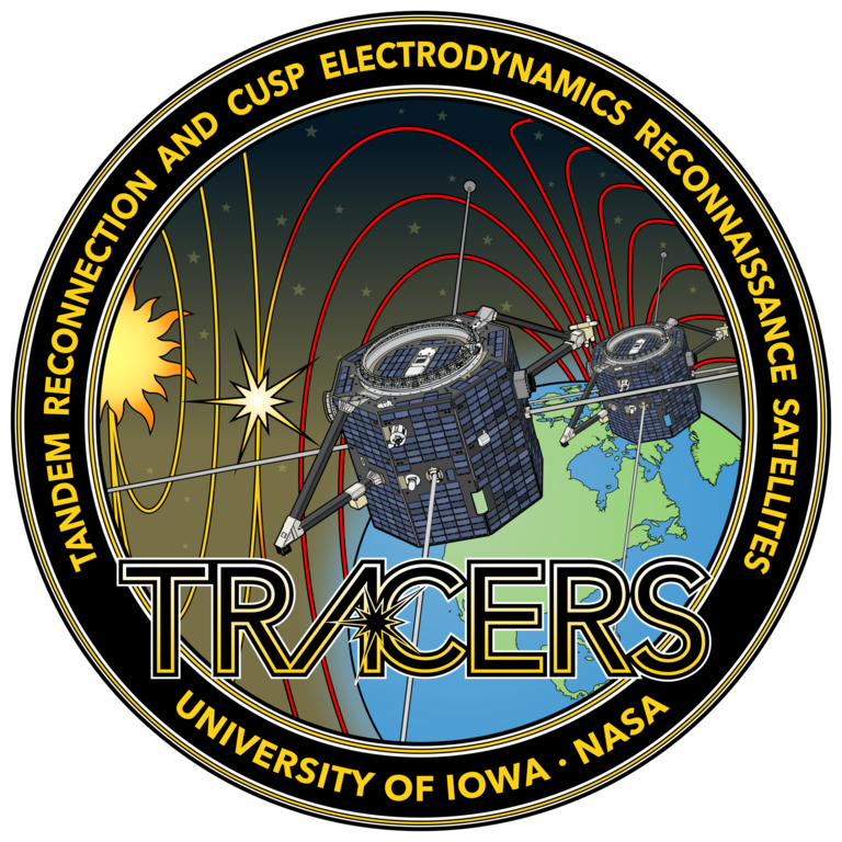 TRACERS meatball logo is circular image with the two TRACERS satellites above Earth. Magnetic field lines from the Sun and Earth are shown, with a star burst where they connect. Around the outside of the circular logo are the words Tandem Reconnection and Cusp Electrodynamics Reconnaissance Satellites, University of Iowa, and NASA. TRACERS, in large text, spans the bottom of the logo.