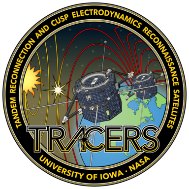 TRACERS meatball logo is circular image with the two TRACERS satellites above Earth. Magnetic field lines from the Sun and Earth are shown, with a star burst where they connect. Around the outside of the circular logo are the words Tandem Reconnection and Cusp Electrodynamics Reconnaissance Satellites, University of Iowa, and NASA. TRACERS, in large text, spans the bottom of the logo.