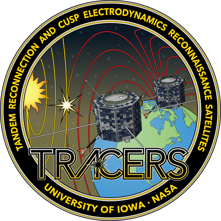 TRACERS meatball logo is circular image with the two TRACERS satellites above Earth. Magnetic field lines from the Sun and Earth are shown, with a star burst where they connect. Around the outside of the circular logo are the words Tandem Reconnection and Cusp Electrodynamics Reconnaissance Satellites, University of Iowa, and NASA. TRACERS, in large text, spans the bottom of the logo.