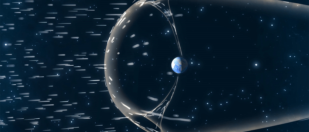 An image showing charged particles from the Sun interacting with the Earth's magnetosphere