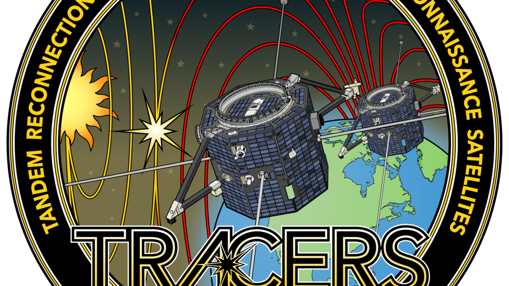 TRACERS meatball logo is circular image with the two TRACERS satellites above Earth. Magnetic field lines from the Sun and Earth are shown, with a star burst where they connect. Around the outside of the circular logo are the words Tandem Reconnection and Cusp Electrodynamics Reconnaissance Satellites, University of Iowa, and NASA. TRACERS, in large text, spans the bottom of the logo.