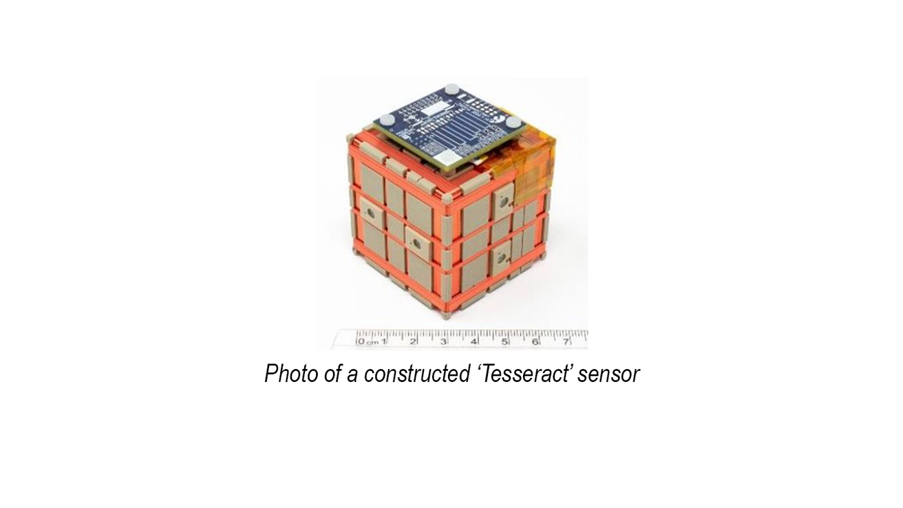 A photo of a cube-shaped Tesseract sensor after being constructed.
