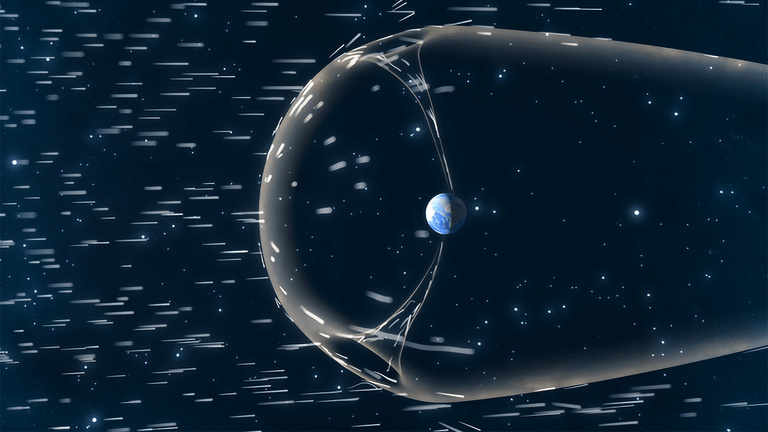 An image showing charged particles from the Sun interacting with the Earth's magnetosphere